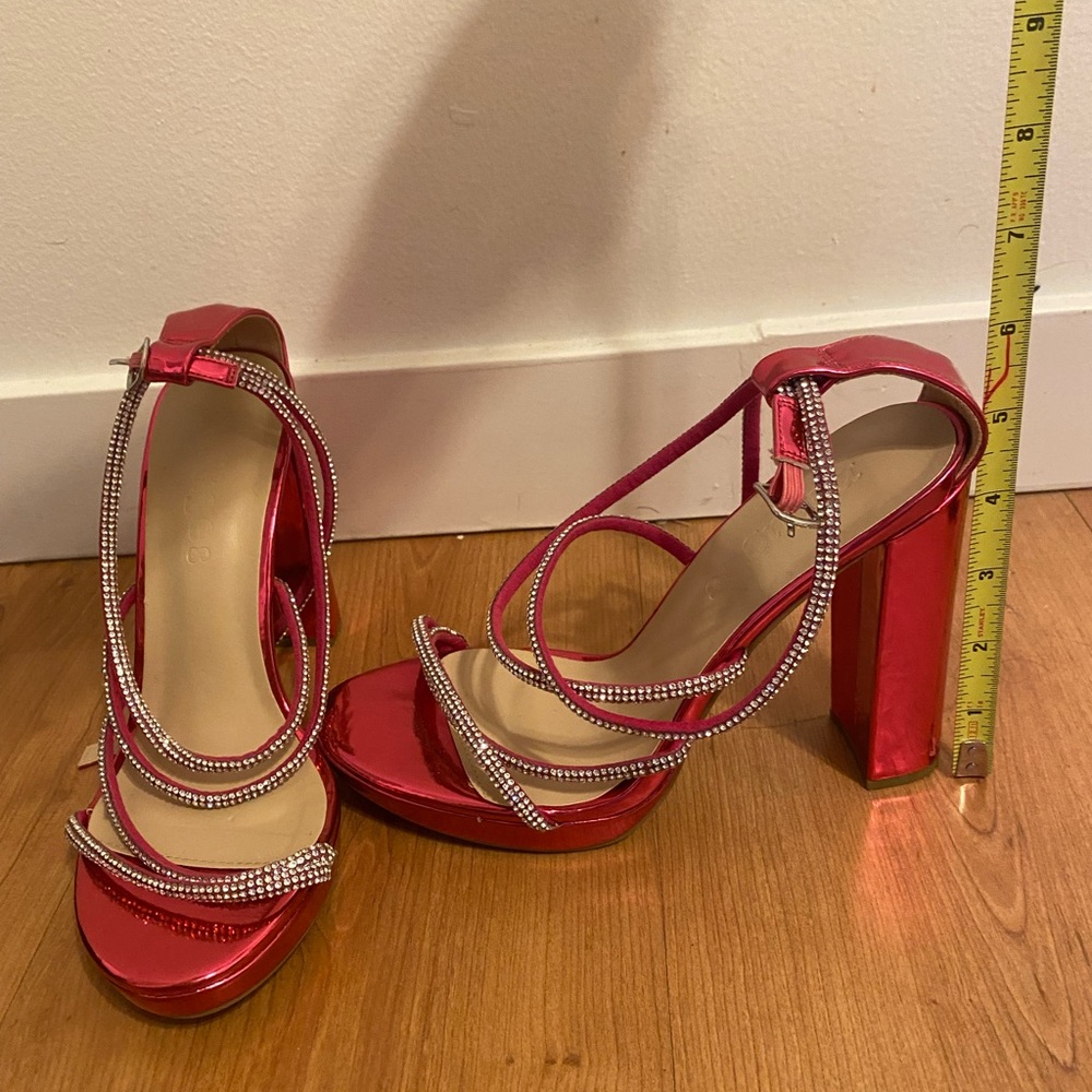 Pink Rhinestone Strappy Platform Block Heels